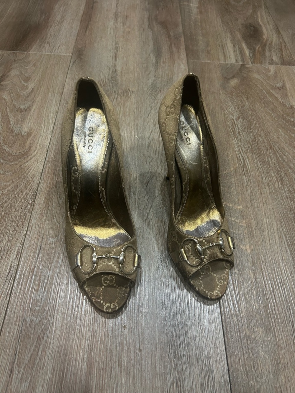 Gucci Brown Monogram Peep-Toe Heels with Gold Hardware